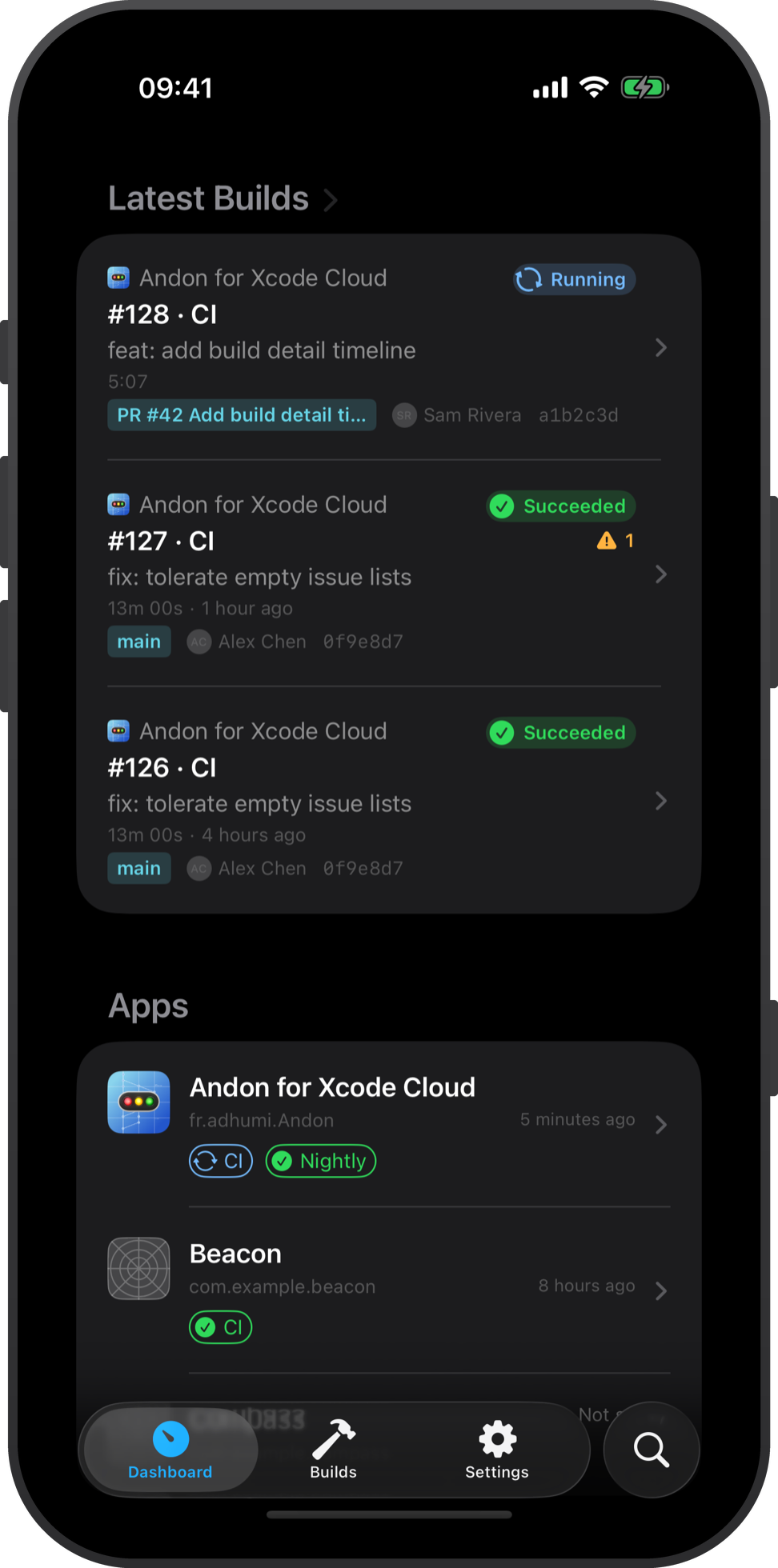 Andon dashboard: every app and workflow green, one build running
