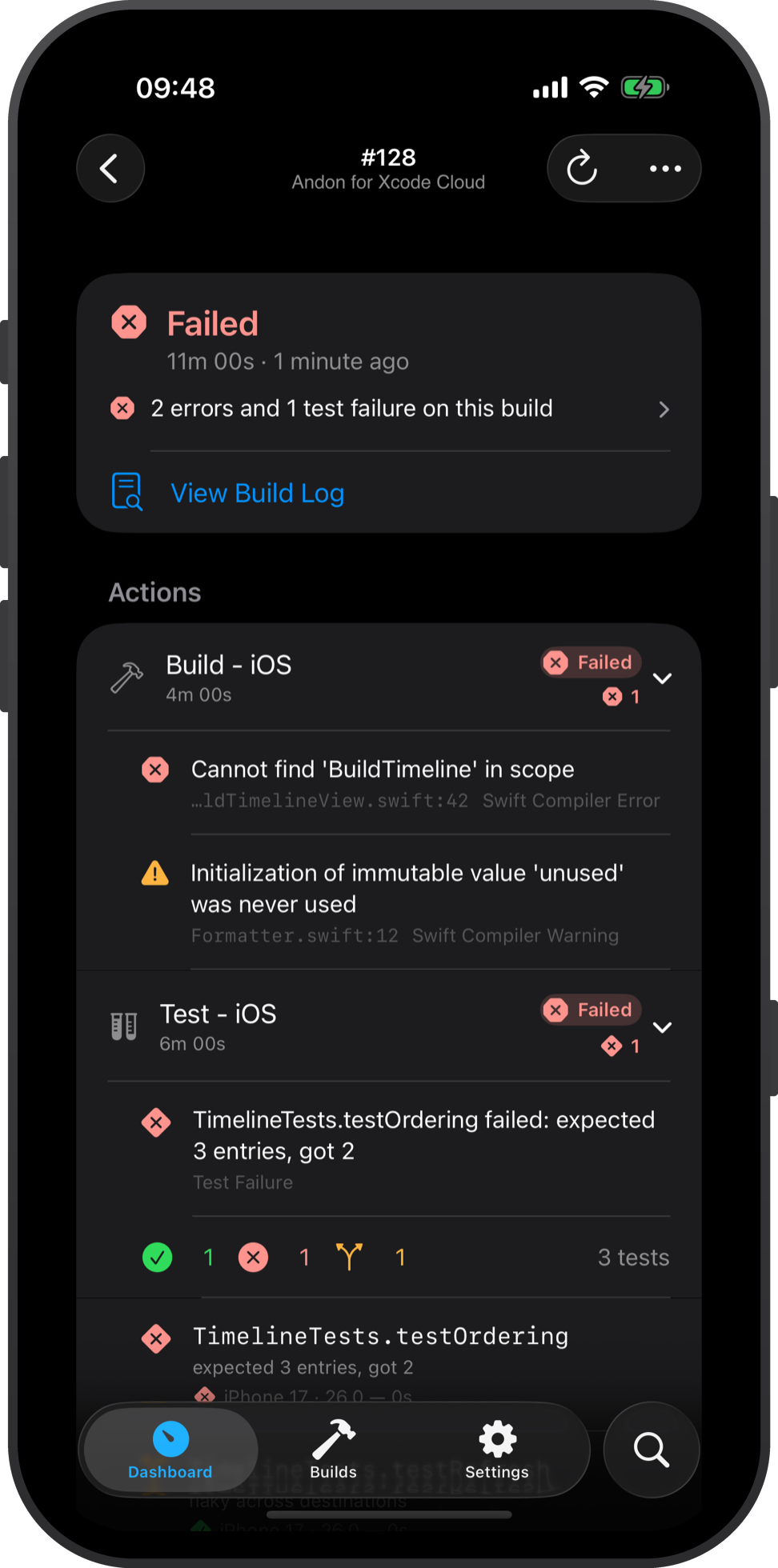A failed build: most severe issue first, compiler error with file and line