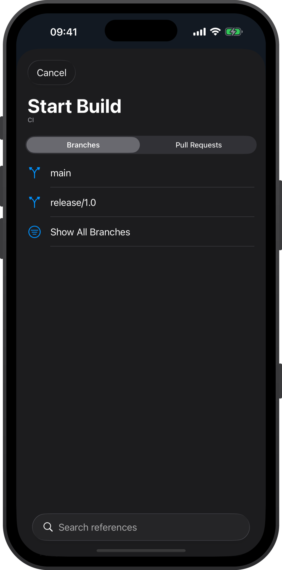 Start Build: pick a workflow, then a branch, tag or pull request